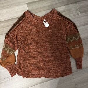 Cato Rust V-Neck Sweater with Patterned Sleeves